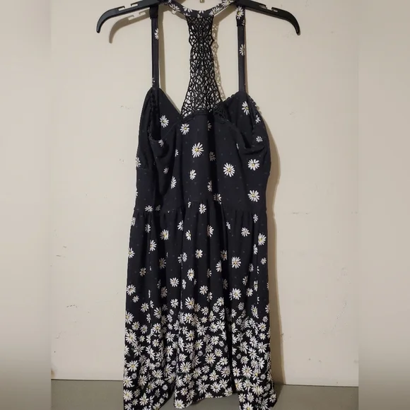 Y2k Black Daisy Print Sundress Crochet Back Fit and Flare - Picture 4 of 5